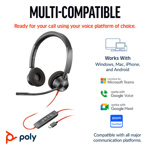 HP POLY BLACKWIRE 3320, UC, STEREO USB-C CORDED HEADSET, INCLUDING USB-A ADAPTOR